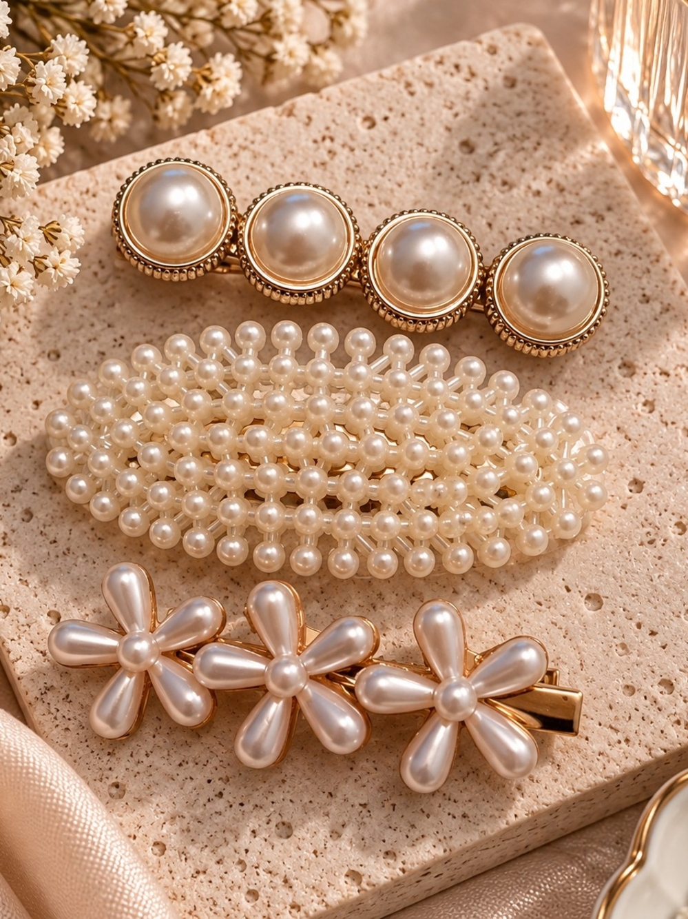 Pearl-Accent Gold Hair Clip Set - Cream Pearl Barrettes New